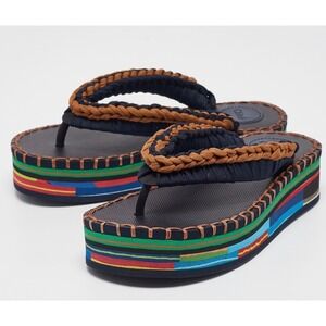 CHLOE Black Lou Braided Colorblock Thong Platform Sandals Size 37 Italy